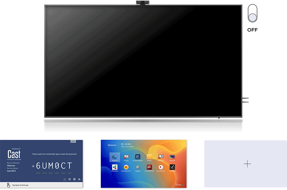 Customizable startup screen on a ViewSonic wireless presentation display.