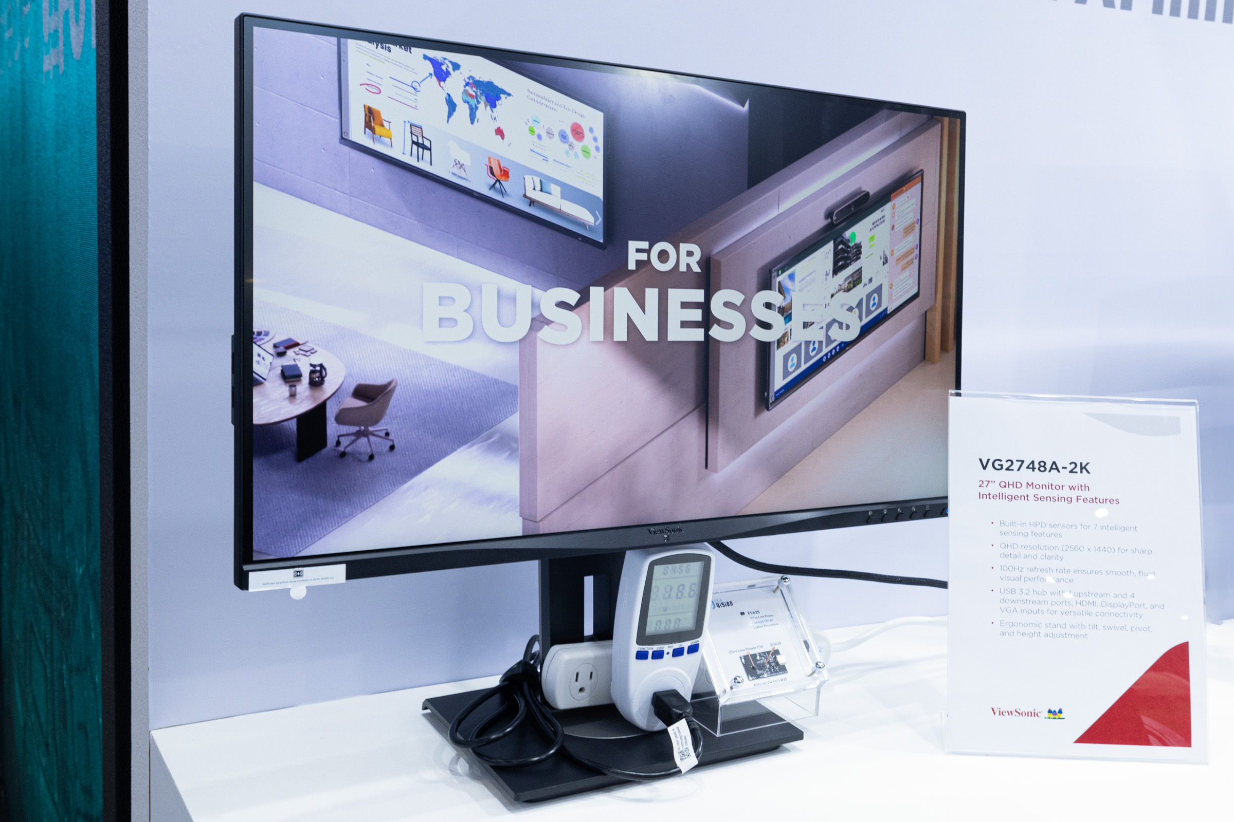 The VG2748A-2K monitor integrated with intelligent sensing technology, designed to optimize productivity, reduce energy consumption, and enhance user well-being
