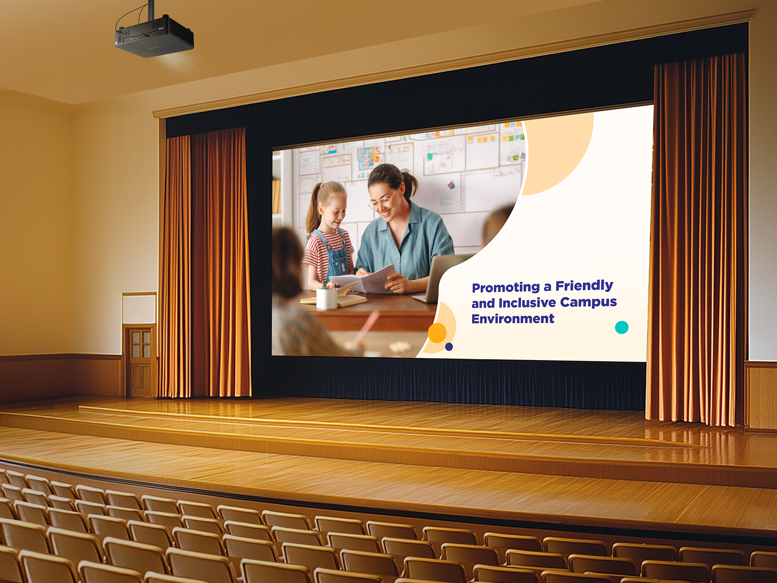 Auditorium with a high-brightness projector for large audiences.