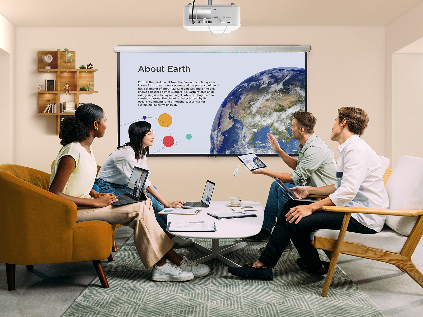 Collaborative workspace with a projector for team discussions.