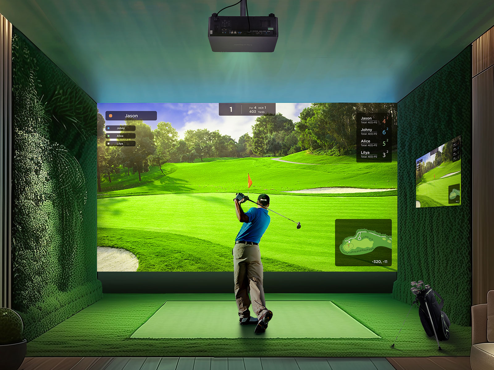 Indoor golf club using a projector for simulation training.