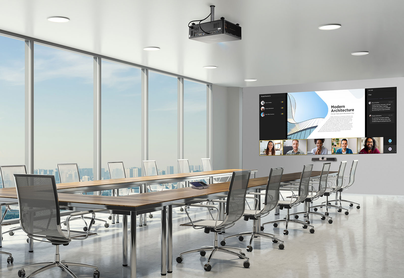 Ultra-wide 21:9 projector display enhancing Microsoft Teams Rooms meetings.