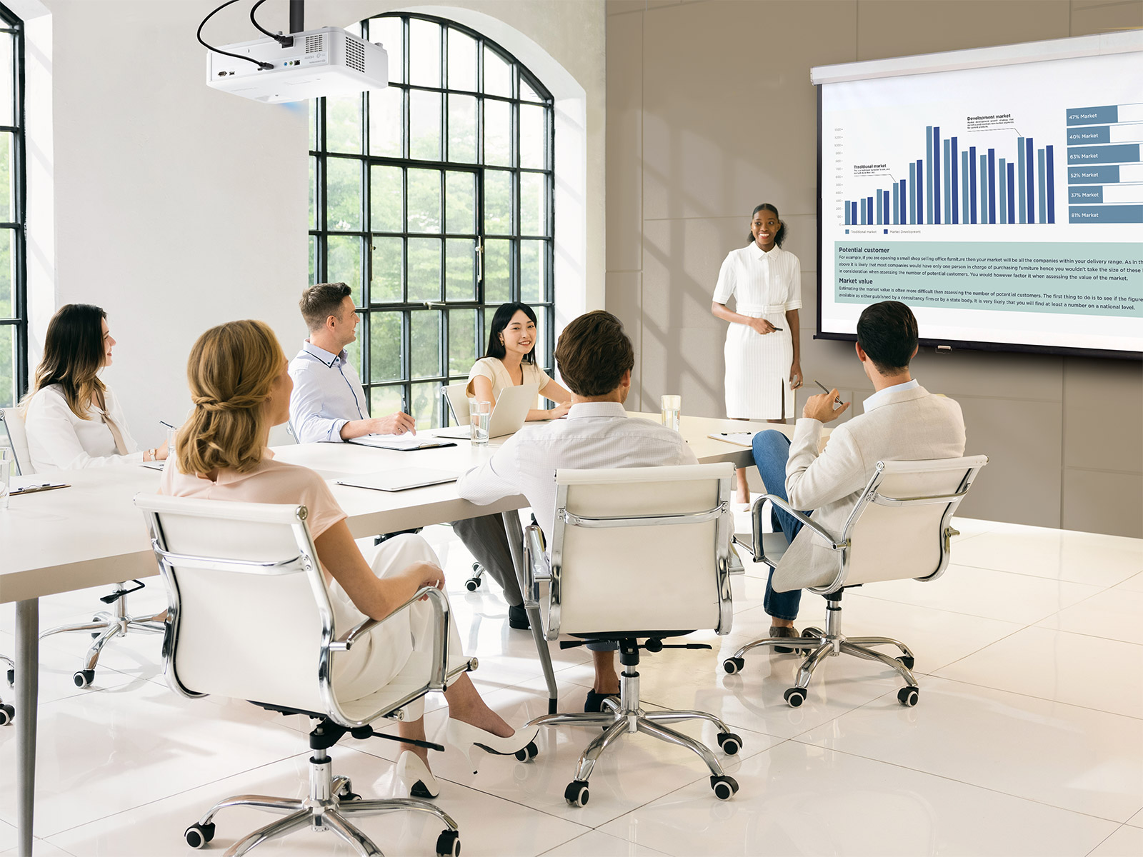 Projector enhancing presentations in a modern meeting room.