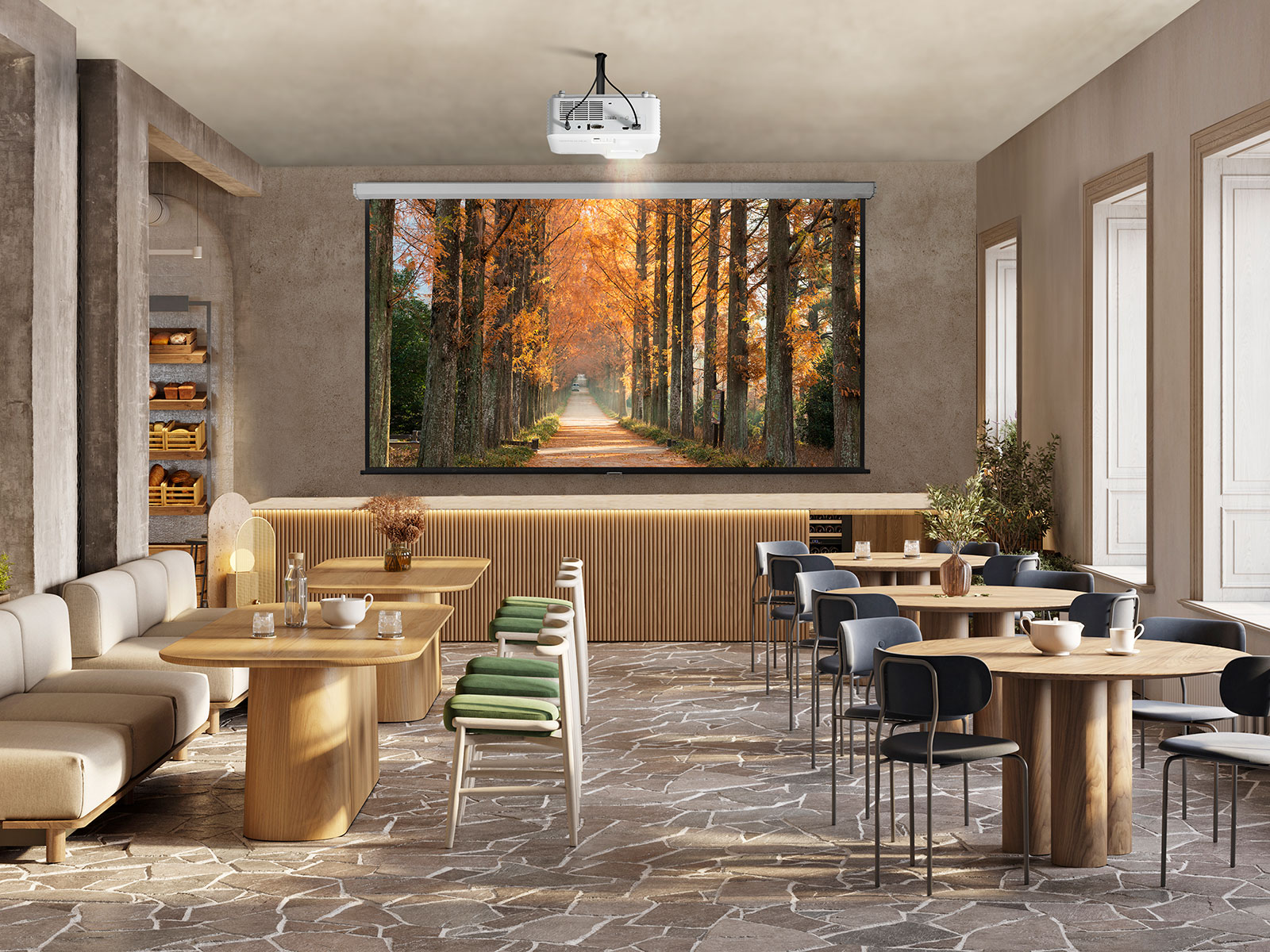 Projector creating an immersive dining experience in a restaurant.