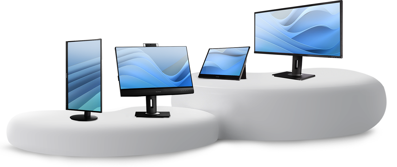Négy ViewSonic üzleti monitor látható fehér platformon, futurisztikus háttér előtt.