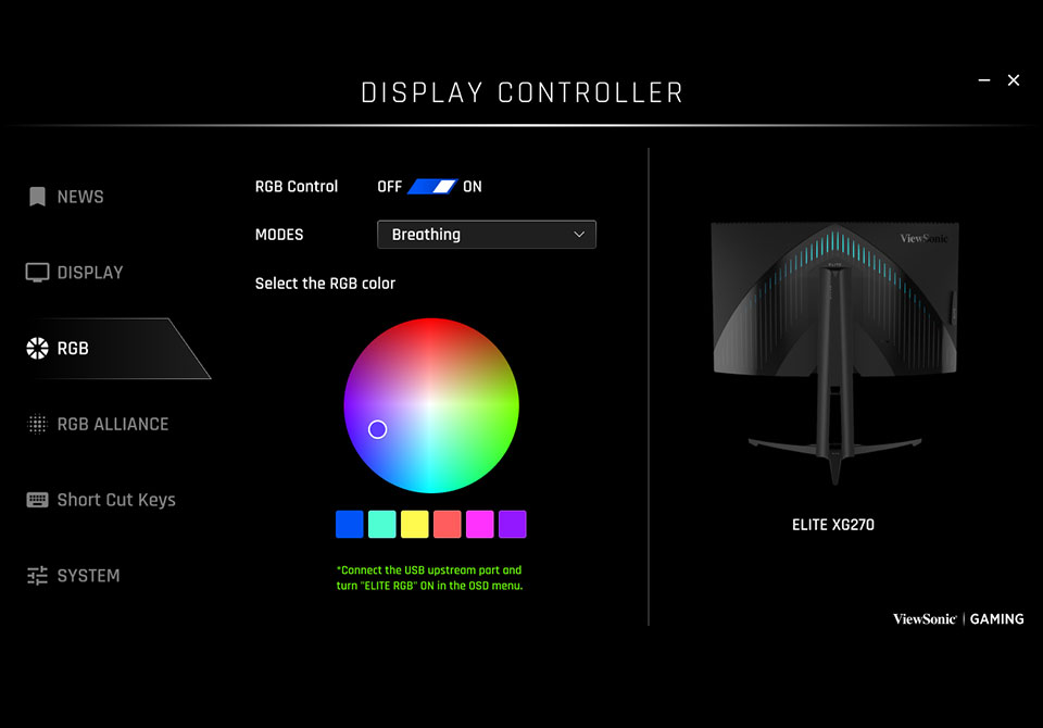 RGB lighting customisation settings for a gaming monitor.